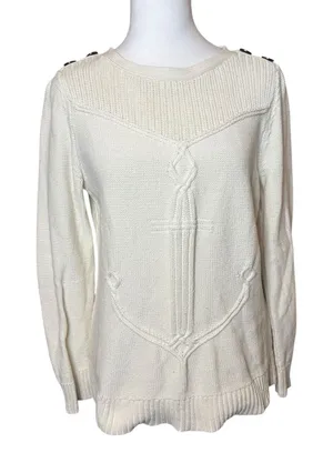Talbots Cream Cable Ribbed-Yoke‎ Sweater Large Petite Anchor Coastal Nautical thumbnail 1