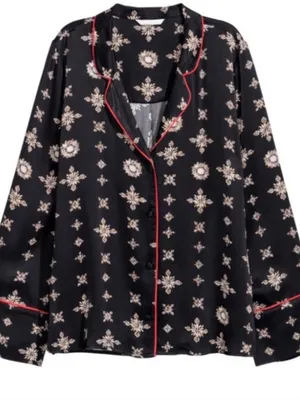 H&M Patterned Pajama Shirt - Black/Tan Satin Top Blouse - Size 12 thumbnail 1
