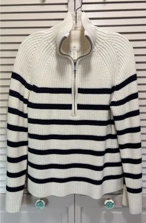 H&M 1/4 Zip Striped Oversized Knit Cardigan Size M‎ Long Sleeve Navy/Cream thumbnail 1