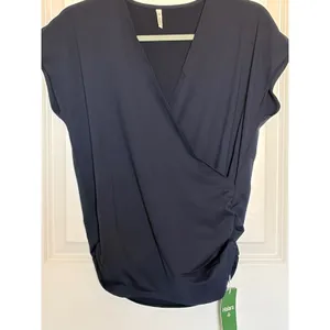 Halara Navy Blue Short Sleeve V-Neck Ruched Faux Wrap Top Small NWT thumbnail 2