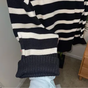 Zara Women Zip Turtleneck Sweater Ecru/Black Striped Knit Fall Winter Size Large thumbnail 3