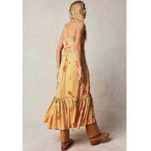 Free People Bohemian Rosie Posie Strapless Midi Dress Yellow Floral Size Medium thumbnail 2