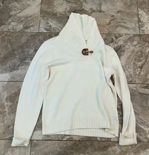 Lauren Ralph Lauren White Cable Knit Shawl Collar Sweater Toggle Neck Size L thumbnail 1