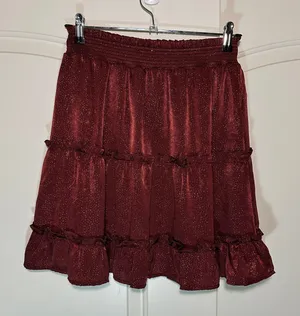 Blu Pepper Mini Skirt Ruffle Tiered Smocked Waist Gold‎ Sparkle Burgundy Red S thumbnail 1