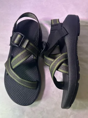 Chacos Black Sandal with Olive and Tan Striped Webbing thumbnail 7