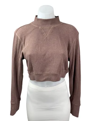 Mono B Brown Long Sleeve Mock Neck Waffle Knit Thermal Cropped Sweatshirt Top L thumbnail 1