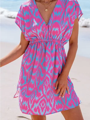 Cupshe Pink & Aqua V-Neck Elastic-Waist Beach Coverup thumbnail 4