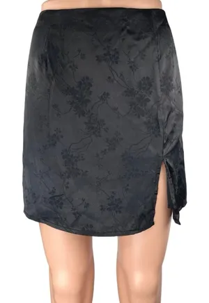 Mi Ami Black Silk Satin Floral Jacquard Slit Zipper Mini Straight Pencil Skirt M thumbnail 1
