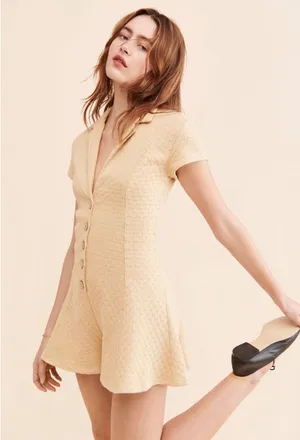 Free People FP Beach Ramona Textured Knit Button‎ Front Romper Tan Beige Large thumbnail 1