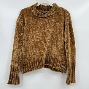 Women's Sweater Velvet Chelsea & Theodore Mock Mustard Yellow Brown Crop Relax thumbnail 2