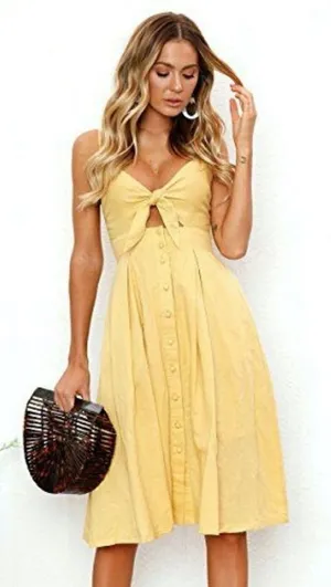 ECOWISH Summer Yellow Front Tie Button Midi-Dress thumbnail 1
