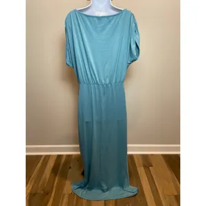 ANRABESS Maxi Dress Size M Turquoise Blousy Top Ruched Side Asymmetrical Slit thumbnail 2