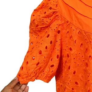Orange Eyelet Cotton Puff‎ Sleeve Ruffle Neck Button Front Blouse Top Small thumbnail 3