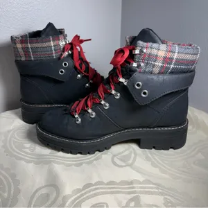 No Boundaries Black Lace-Up Boots with Red Laces and Plaid Cuff thumbnail 11