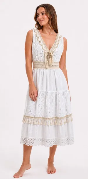 White Eyelet Lace Midi Dress S Boho Crochet Tie Front Made in Italy ART 6163 thumbnail 1