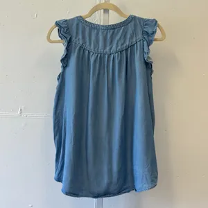 LOFT Blue Lyocell Chambray Ruffle Sleeve Henley Blouse Top Large Casual Office thumbnail 2