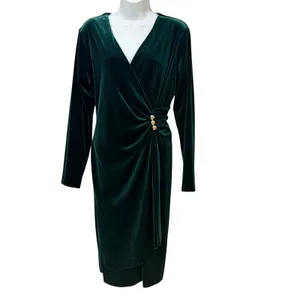 Marc New York Women Emerald Green Velvet Ruched Faux Wrap Dress Size 12 Gold thumbnail 2