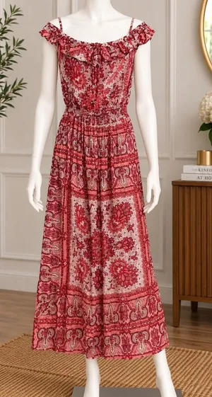 Voyage Mediterranee Womens Dress Capri Pink Paisley Off Shoulder Smocked XS thumbnail 1