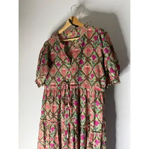 Anayna Floral Block Print Tiered Midi Dress Green Pink Cotton XL Boho V-Neck thumbnail 4