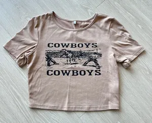 Cowboys Horse Crop Tee Womens Small Beige Tan thumbnail 1