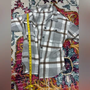 Plaid flannel shacket button down Tan thumbnail 5