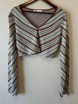 Zara Brown Cream Striped Cropped Long Sleeve Knit Top Size M thumbnail 1