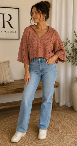 POL Womens Dusty Rose Chunky Cable Knit Cropped Hooded Sweater Small Oversized thumbnail 1
