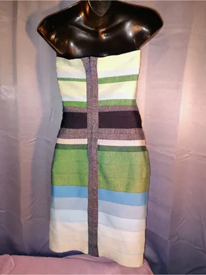 Strapless Multicolor Bandage Dress - Green & Blue Stripe thumbnail 8