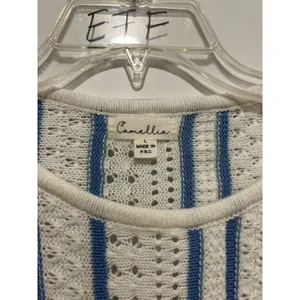 White Blue Striped lightweight Sweater Size Large Open Nautical Beach Game Day thumbnail 2