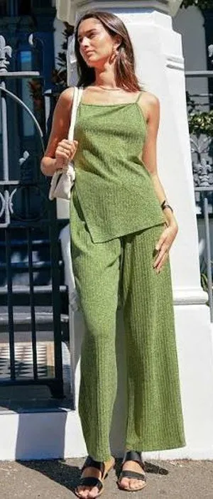 CUPSHE Rib Lounge Set Two Pieces Green Size Large L Wide Leg Asymmetric Cami thumbnail 1