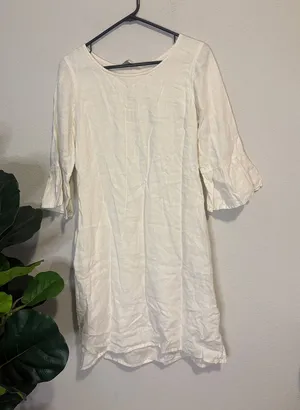 Cream linen Mini Dress with Ruffle 3/4 Sleeves thumbnail 1