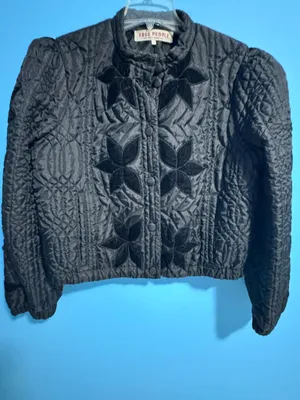 Free People Quinn Quilted Jacket with Velvet Floral Detail in Black thumbnail 11