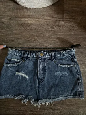 Free People distressed denim mini skirt with a frayed raw hem thumbnail 2