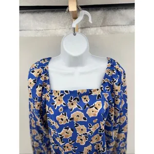 Ann Taylor Floral Square Neck Puff Sleeve Top Womens S Blue Tan Office Bohemian thumbnail 6