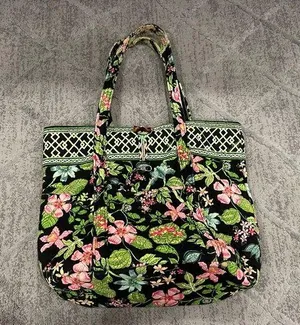 VERA BRADLEY Black Botanica Small Tic Tac Tote Shoulder Bag Purse AS IS thumbnail 1