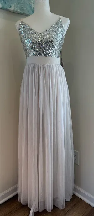 Haute Monde Silver Sequin Bodice with Light Gray Tulle Maxi Dress Size Small thumbnail 1