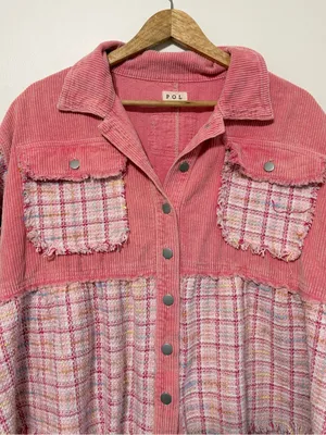 POL Pink Tweed Shirt Jacket Size Medium Shacket Patchwork Boho thumbnail 4