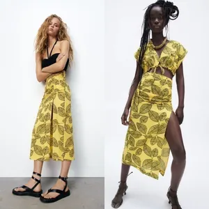 Zara Printed Linen Blend Leaf Midi Skirt Yellow Black‎ XS NWT thumbnail 9