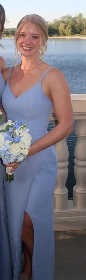 Dusty Blue Chiffon Azazie Dress thumbnail 1