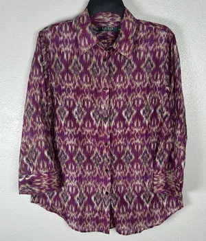 LAUREN Ralph Lauren‎ Womens Medium Silk Cotton Button Up Shirt Purple Ikat Print thumbnail 1