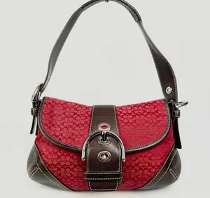 RARE Vintage Coach Mini Soho Signature Red Jacquard Brown Leather Flap Buckle Shoulder Bag thumbnail 2