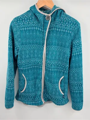 Prana Arka hooded fleece teal blue patterned full zip jacket women’s L outdoor thumbnail 1