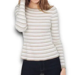 White House Black Market Cream Tan Striped Peplum Ribbed Knit Sweater Size Small thumbnail 7