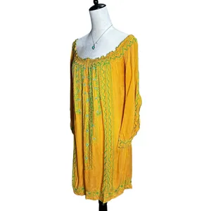 Poupette St. Barth Yellow Embroidered Off Shoulder‎ Smocked Resort Mini Dress thumbnail 5