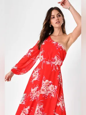NEW Lulus Brunch Besties Red Floral One Shoulder Midi‎ Graduation Wedding Dress thumbnail 3