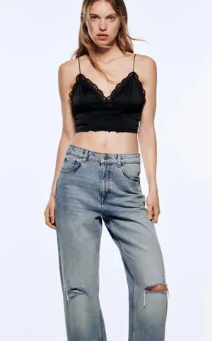 ZARA Black Combined Satin Lace Trim Cropped Bralette Top thumbnail 1
