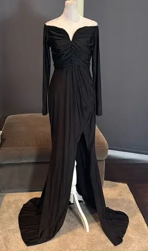 Women’s Black Long Sleeve Off the Shoulder BodyCon Dress Long Leg Slit Size L thumbnail 1