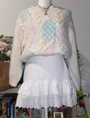 Zara 90s vintage girly whimsical white lace tiered eyelet mini skirt w/ ruffles thumbnail 1