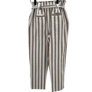 Women's Striped Cotton Paperbag Waist Blend Pants Medium Neutral Minimalist‎ thumbnail 2