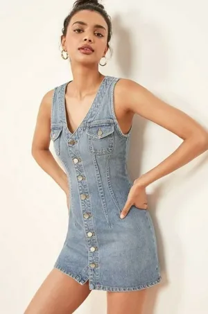 Reformation Colby Denim Mini Dress Blue Button Front‎ Sleeveless Size 4 thumbnail 1